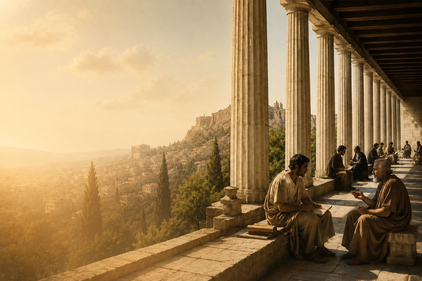 Stoic philosophers in conversation on an ancient colonnaded stoa at golden hour